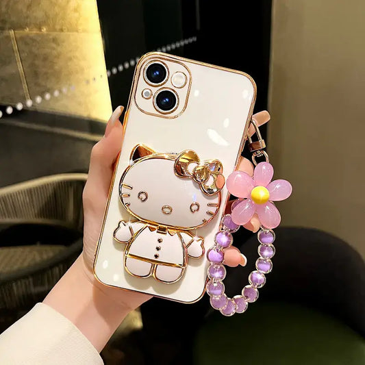 iPhone Mirror Case Cartoon Kitty Phone Cover For iPhone With Crystal Bracelet