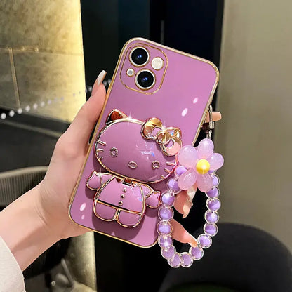 iPhone Mirror Case Cartoon Kitty Phone Cover For iPhone With Crystal Bracelet
