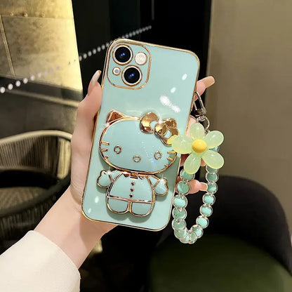iPhone Mirror Case Cartoon Kitty Phone Cover For iPhone With Crystal Bracelet