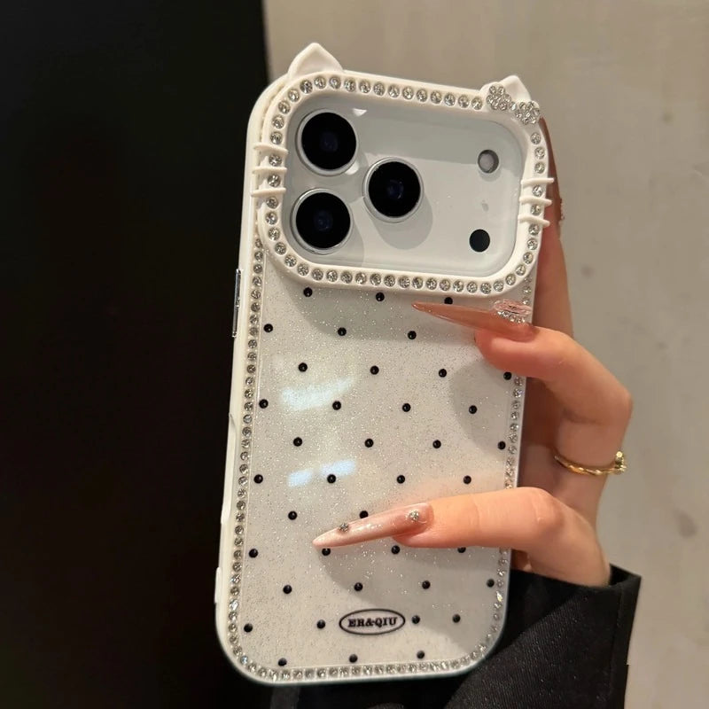 Cute Kitty Rhinestone Protective Cover TPU Phone Case for iPhone 17 Air 16 15 14 13 12 11 Pro Max Plus