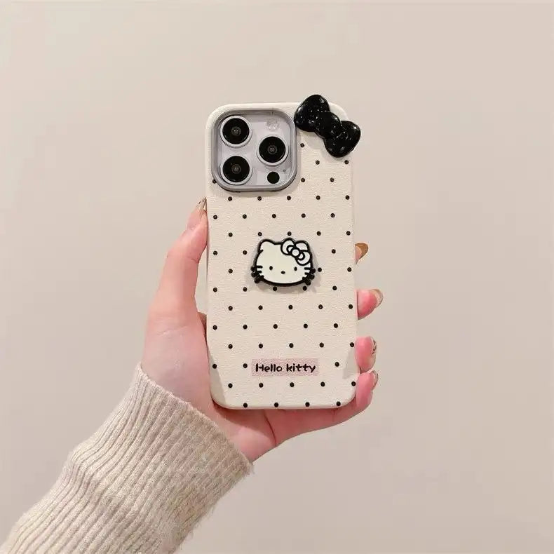 Cute 3D Bow Kitty Cartoon Phone Case for iPhone Polka Dot Back Cover