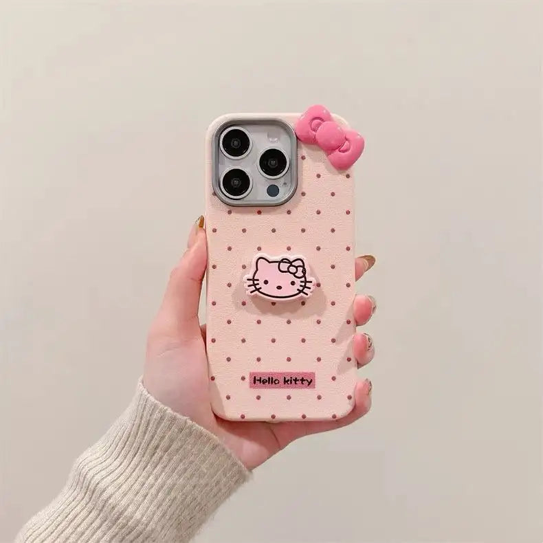 Cute 3D Bow Kitty Cartoon Phone Case for iPhone Polka Dot Back Cover