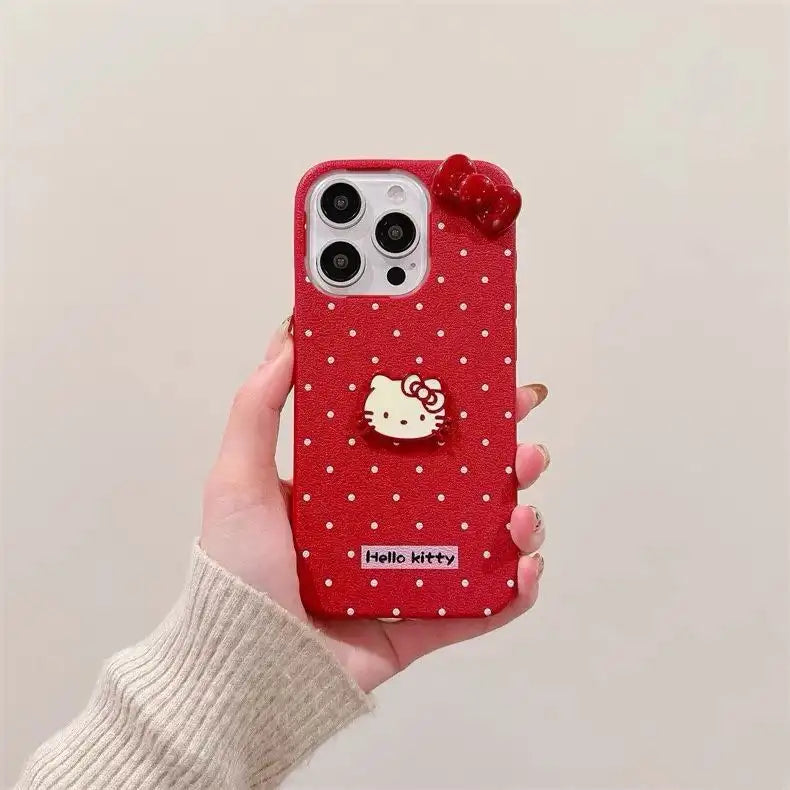 Cute 3D Bow Kitty Cartoon Phone Case for iPhone Polka Dot Back Cover