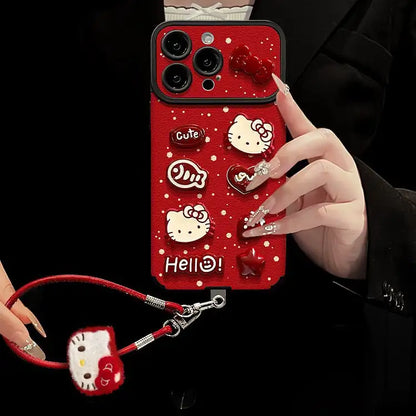 Cute 3D Kitty Cartoon Phone Case for iPhone Leather Charm Back Cover