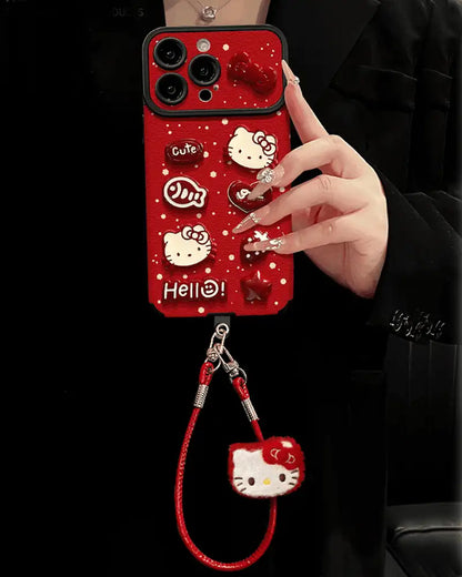 Cute 3D Kitty Cartoon Phone Case for iPhone Leather Charm Back Cover