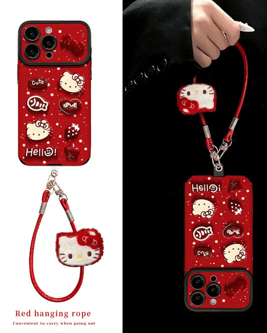 Cute 3D Kitty Cartoon Phone Case for iPhone Leather Charm Back Cover