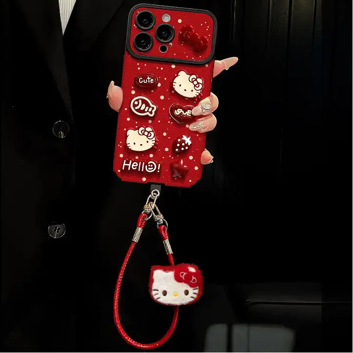 Cute 3D Kitty Cartoon Phone Case for iPhone Leather Charm Back Cover