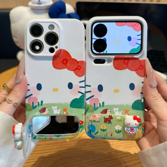Cute Kitty Foldable Mirror Stand Back Cover iPhone Case