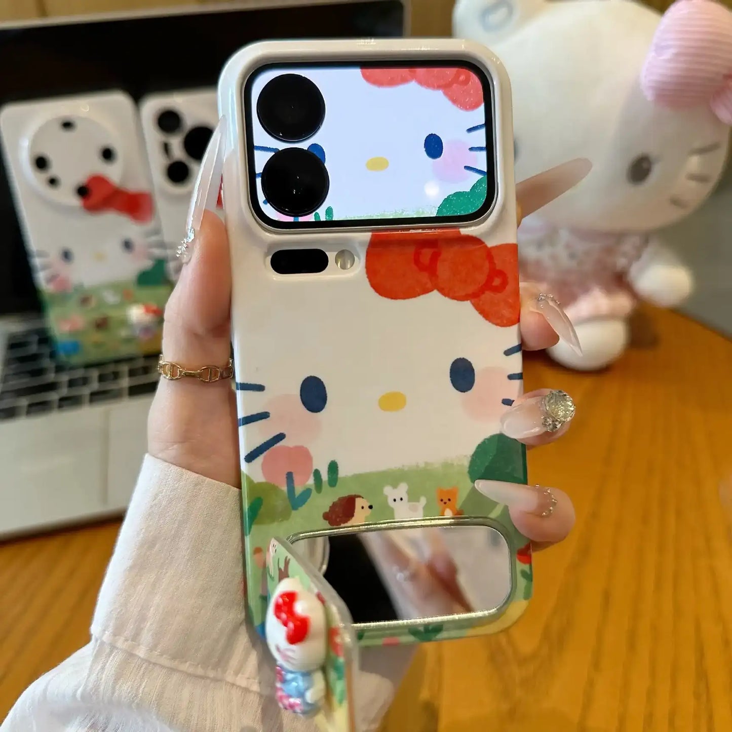 Cute Kitty Foldable Mirror Stand Back Cover iPhone Case