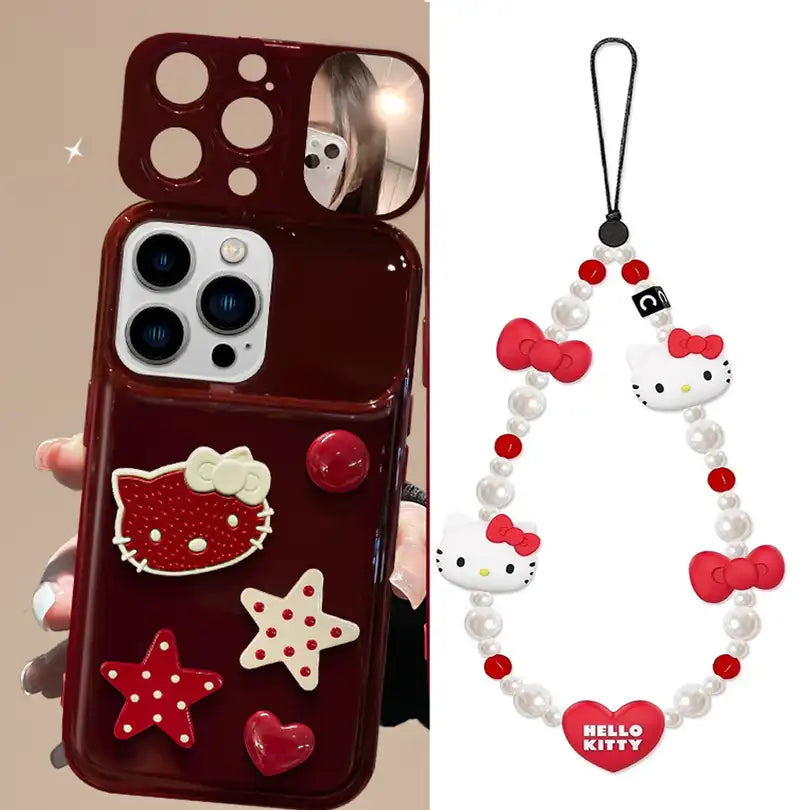 Cute Bow Kitty with Mirror Lens Protector Phone Case For iPhone
