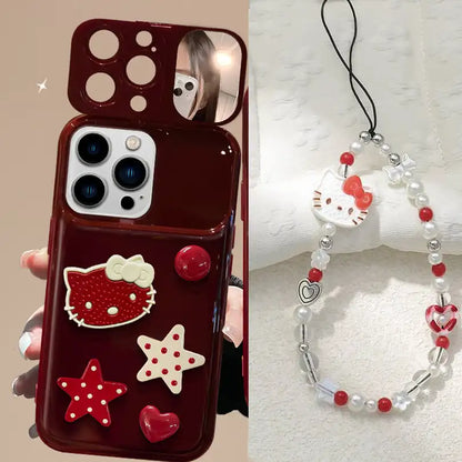Cute Bow Kitty with Mirror Lens Protector Phone Case For iPhone
