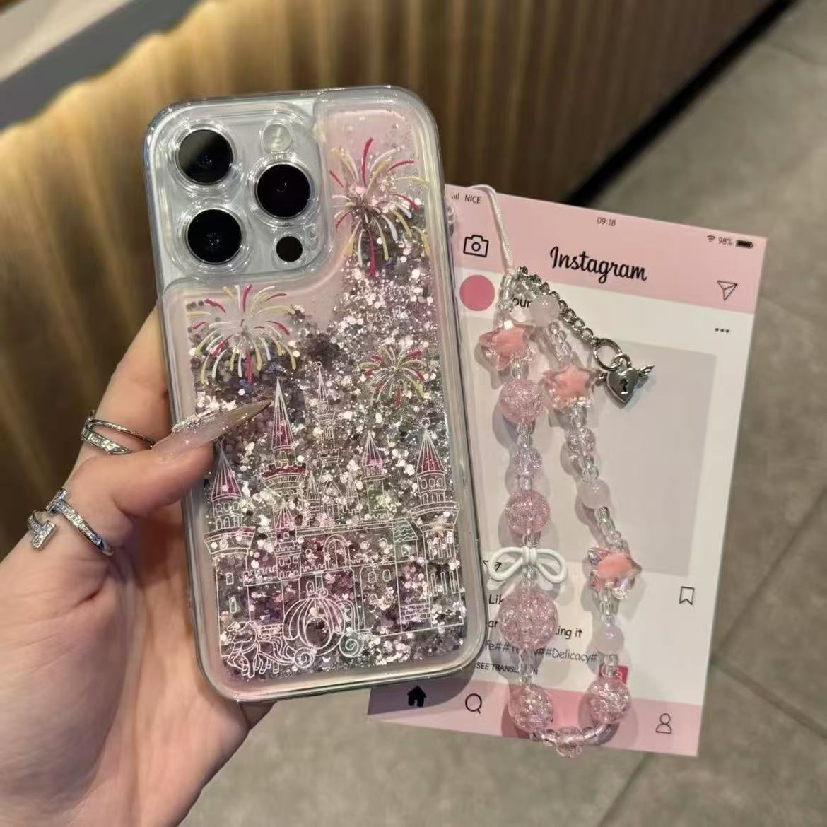 Glitter Liquid Sand Castle Crystal Chain Case For iPhone 17 16 15 14 13 12 11 Pro Max Plus XR XS