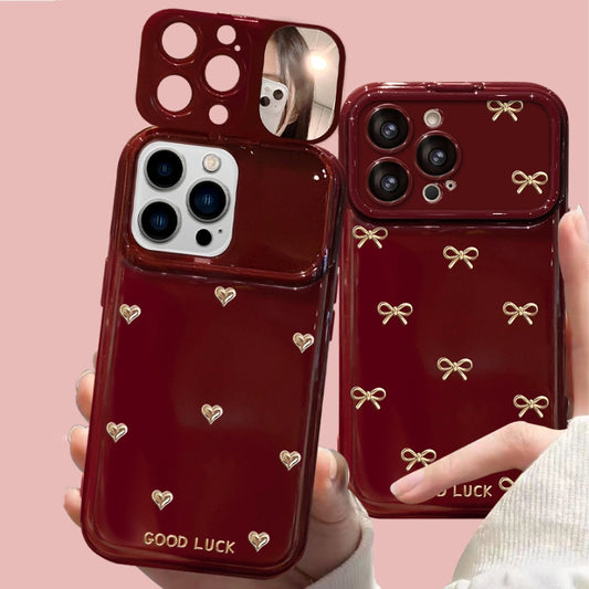 Makeup Mirror Lens Protector Cute Bow Heart Phone Case For iPhone 17 16 15 14 13 12 Pro Max Plus 11 XR 7 8 6
