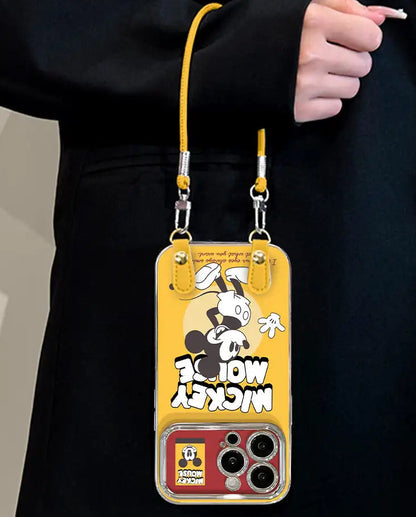 Yellow phone case with cartoon design and lanyard .