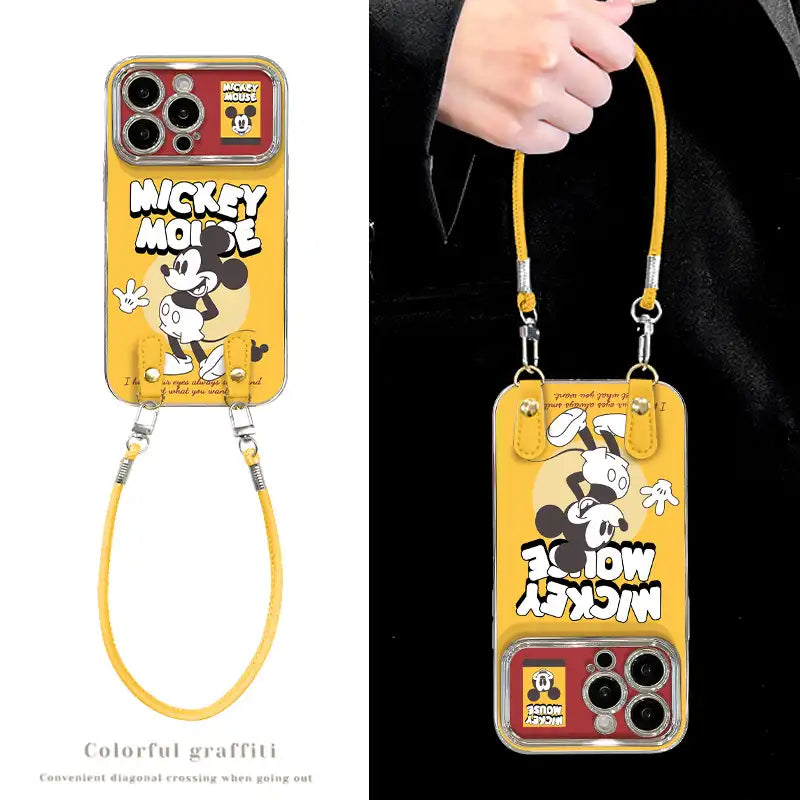 Yellow phone case with Mouse design and lanyard, featuring colorful graffiti text.