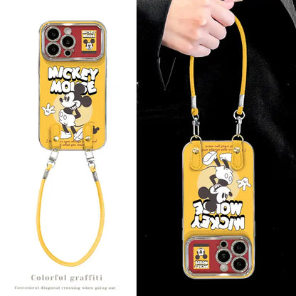 Yellow phone case with Mouse design and lanyard, featuring colorful graffiti text.