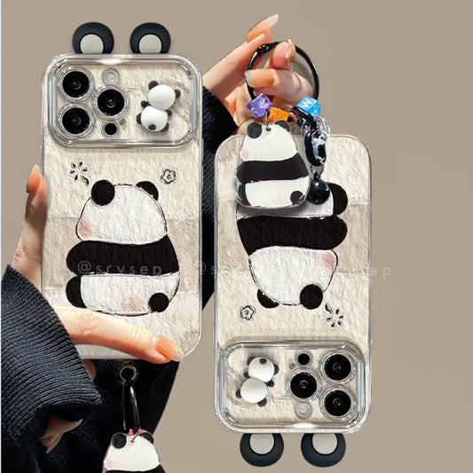3D Panda Mirror Lens Protector Phone Case for iPhone All 17 16 15 14 13 12 11 X Series Models With Panda Charm