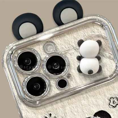 3D Panda Mirror Lens Protector Phone Case for iPhone All 17 16 15 14 13 12 11 X Series Models With Panda Charm