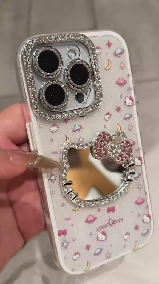 Cute Kitten Makeup Mirror Glitter Phone Case For iPhone 17 16 15 14 13 12 Pro Max Plus 11