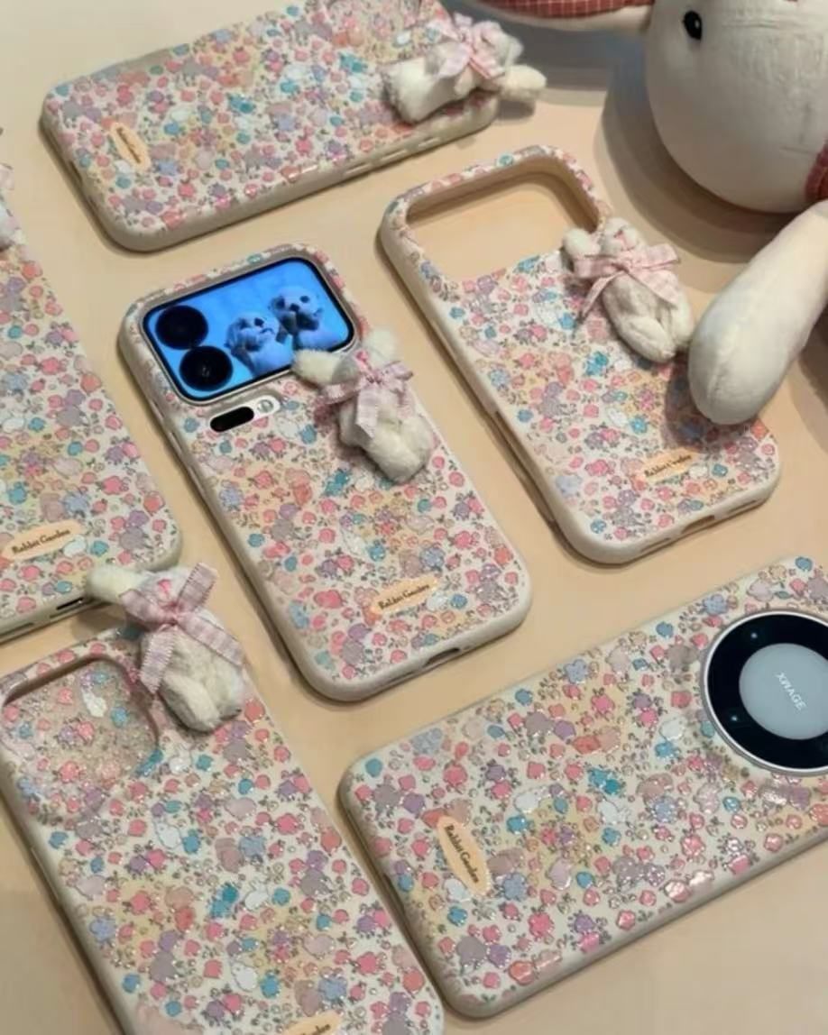 Cute 3D Rabbit Floral Case For iPhone 17 16 15 14 13 12 11 Pro Max Plus XR XS