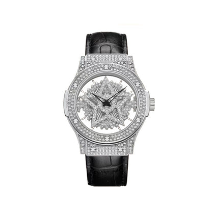 360 Degree Rotation Hollow-out Snowflake Shaped Diamond Luxury Quartz Watch Cowhide Leather Belt