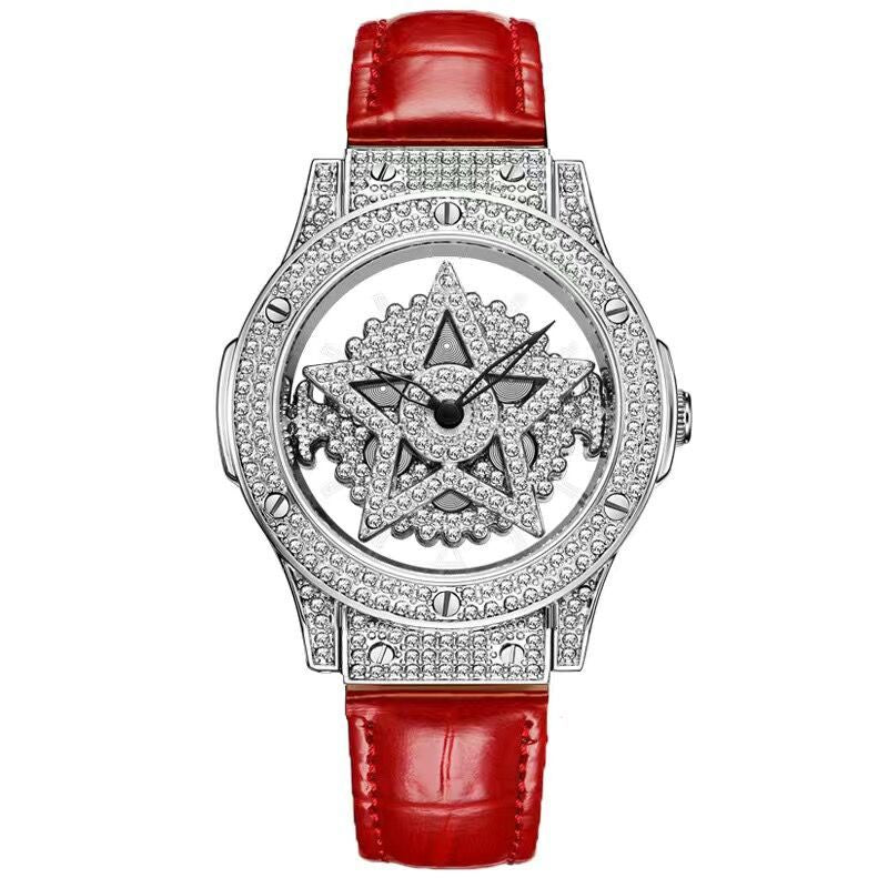 360 Degree Rotation Hollow-out Snowflake Shaped Diamond Luxury Quartz Watch Cowhide Leather Belt