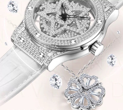 360 Degree Rotation Hollow-out Snowflake Shaped Diamond Luxury Quartz Watch Cowhide Leather Belt