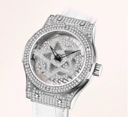 360 Degree Rotation Hollow-out Snowflake Shaped Diamond Luxury Quartz Watch Cowhide Leather Belt