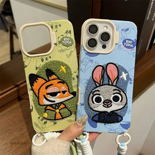 Embroidered Cartoons Rabbit Fox Lanyard Strap Leather Phone Case For All iPhone Cute Zootop Animals Fold Phone Airbag Grip