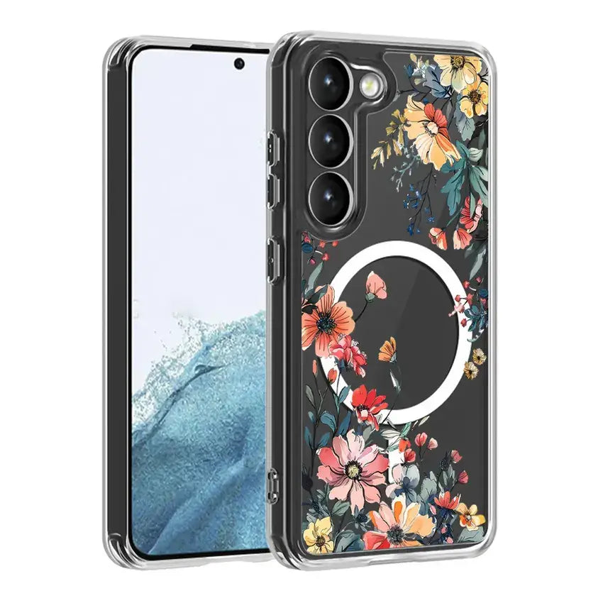 Floral Clear TPU Magnetic Phone Case for Galaxy S25 S24 S23 S22 S21 Series
