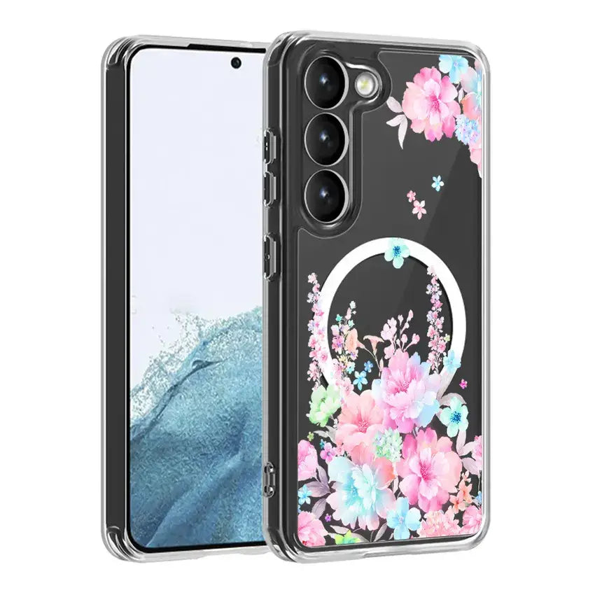 Floral Clear TPU Magnetic Phone Case for Galaxy S25 S24 S23 S22 S21 Series