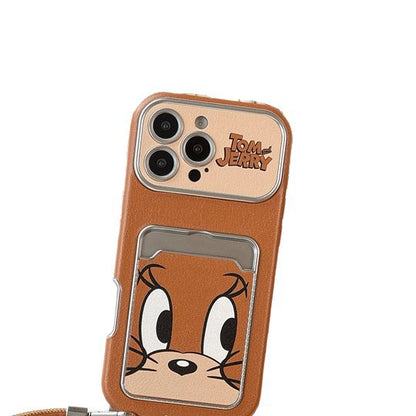 Cute Cat Mouse Cartoon Card Slot Leather Case For iPhone 17 16 15 14 13 12 Pro Max Plus 11 XR with Leather Lanyard