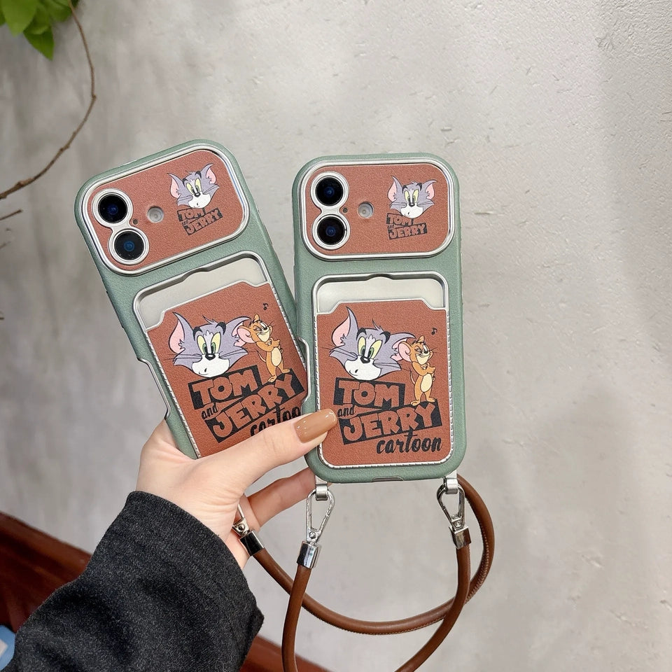 Cute Cat Mouse Cartoon Card Slot Leather Case For iPhone 17 16 15 14 13 12 Pro Max Plus 11 XR with Leather Lanyard