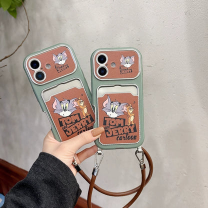 Cute Cat Mouse Cartoon Card Slot Leather Case For iPhone 17 16 15 14 13 12 Pro Max Plus 11 XR with Leather Lanyard
