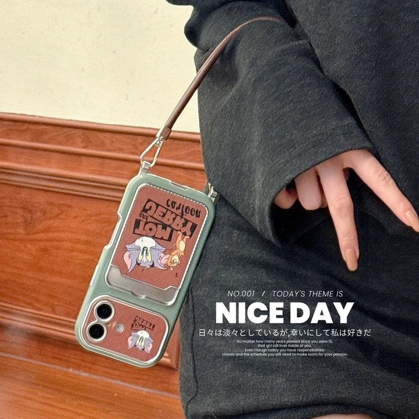 Cute Cat Mouse Cartoon Card Slot Leather Case For iPhone 17 16 15 14 13 12 Pro Max Plus 11 XR with Leather Lanyard