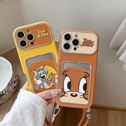 Cute Cat Mouse Cartoon Card Slot Leather Case For iPhone 17 16 15 14 13 12 Pro Max Plus 11 XR with Leather Lanyard