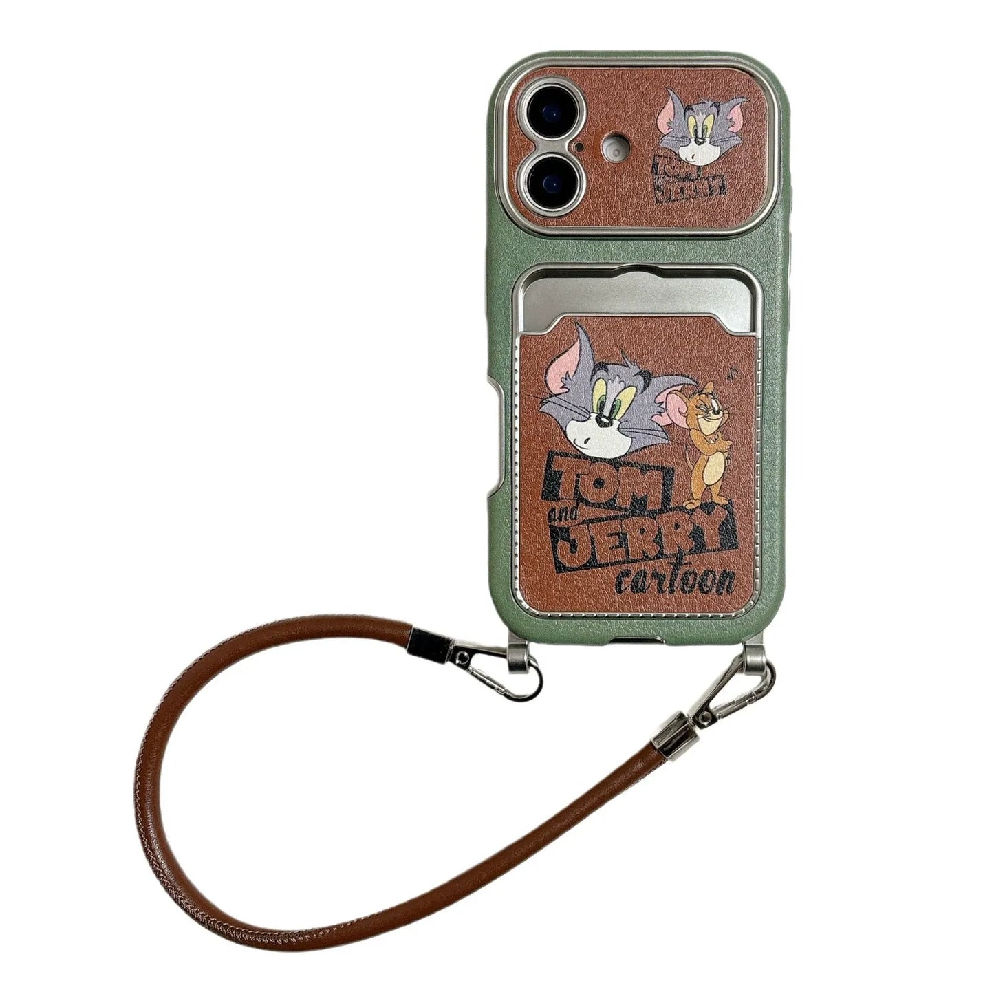 Cute Cat Mouse Cartoon Card Slot Leather Case For iPhone 17 16 15 14 13 12 Pro Max Plus 11 XR with Leather Lanyard