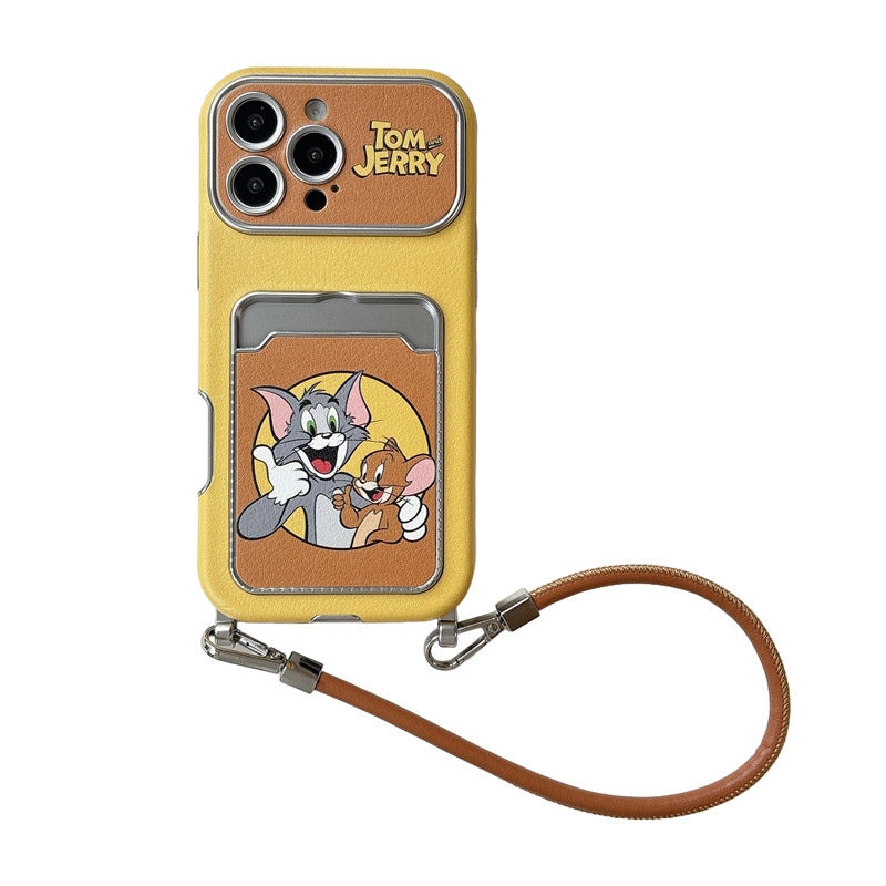 Cute Cat Mouse Cartoon Card Slot Leather Case For iPhone 17 16 15 14 13 12 Pro Max Plus 11 XR with Leather Lanyard