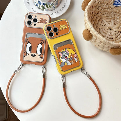 Cute Cat Mouse Cartoon Card Slot Leather Case For iPhone 17 16 15 14 13 12 Pro Max Plus 11 XR with Leather Lanyard
