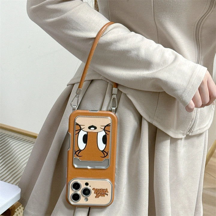 Cute Cat Mouse Cartoon Card Slot Leather Case For iPhone 17 16 15 14 13 12 Pro Max Plus 11 XR with Leather Lanyard