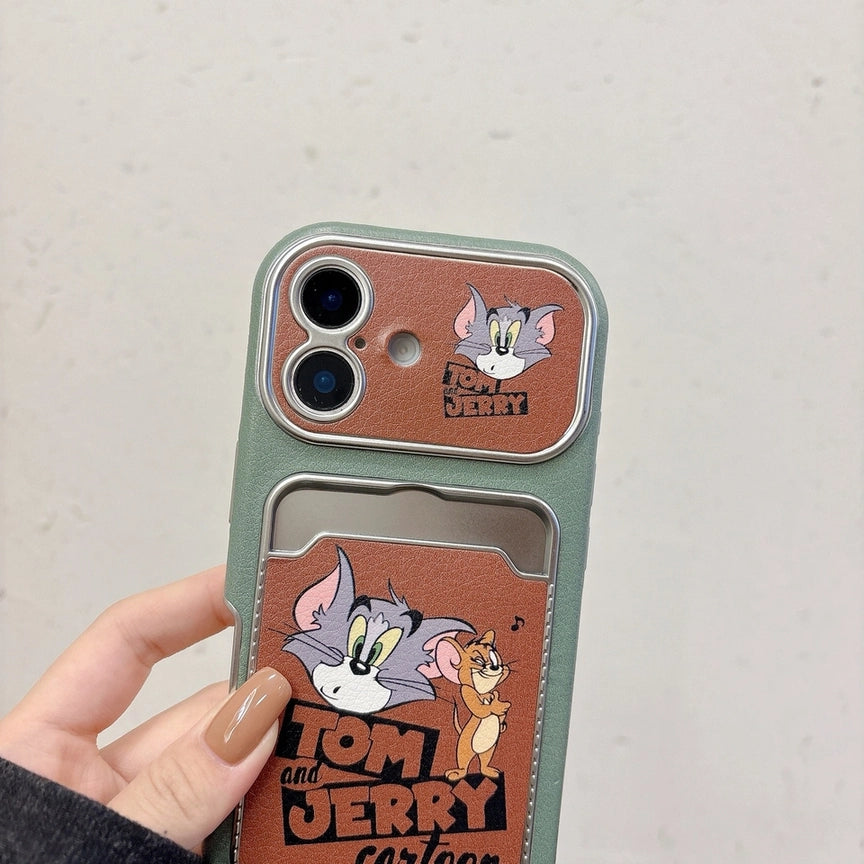 Cute Cat Mouse Cartoon Card Slot Leather Case For iPhone 17 16 15 14 13 12 Pro Max Plus 11 XR with Leather Lanyard