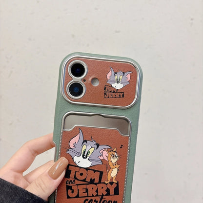 Cute Cat Mouse Cartoon Card Slot Leather Case For iPhone 17 16 15 14 13 12 Pro Max Plus 11 XR with Leather Lanyard
