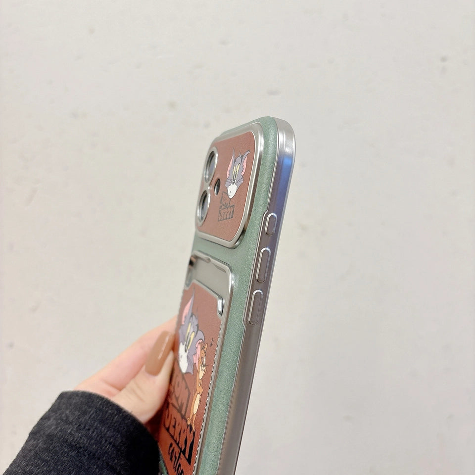 Cute Cat Mouse Cartoon Card Slot Leather Case For iPhone 17 16 15 14 13 12 Pro Max Plus 11 XR with Leather Lanyard