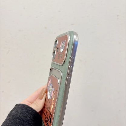 Cute Cat Mouse Cartoon Card Slot Leather Case For iPhone 17 16 15 14 13 12 Pro Max Plus 11 XR with Leather Lanyard