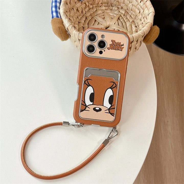 Cute Cat Mouse Cartoon Card Slot Leather Case For iPhone 17 16 15 14 13 12 Pro Max Plus 11 XR with Leather Lanyard
