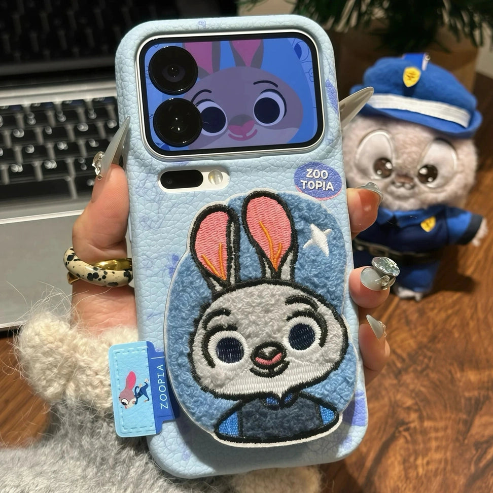 Embroidered Cartoons Rabbit Fox Leather Phone Case For All iPhone 17 Air Pro Max 16 Pro 15 14 13 12 11 Plus Cute Zootop Animals Fold Phone Airbag Bracket