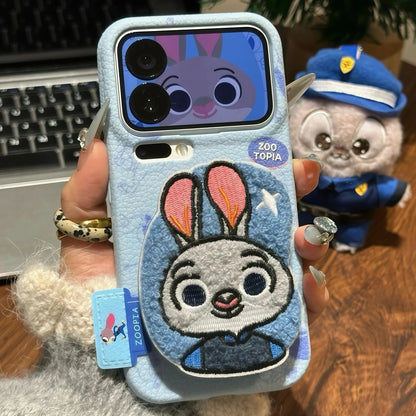 Embroidered Cartoons Rabbit Fox Leather Phone Case For All iPhone 17 Air Pro Max 16 Pro 15 14 13 12 11 Plus Cute Zootop Animals Fold Phone Airbag Bracket