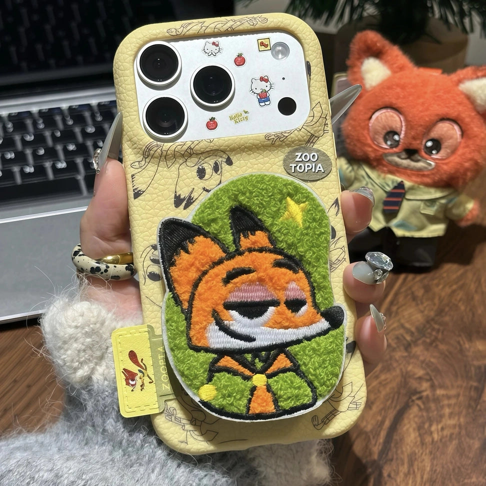 Embroidered Cartoons Rabbit Fox Lanyard Strap Leather Phone Case For All iPhone 17 Air Pro Max 16 Pro 15 14 13 12 11 Plus Cute Zootop Animals Fold Phone Airbag Bracket