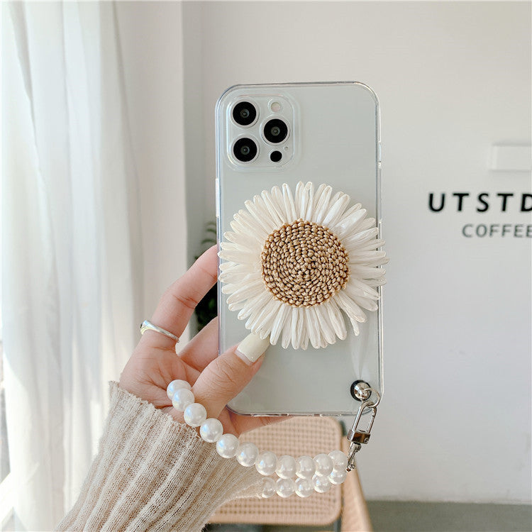 3D Mirror Makeup Sun Flower Couple Clear Pearl Braeclet Soft iPhone Case