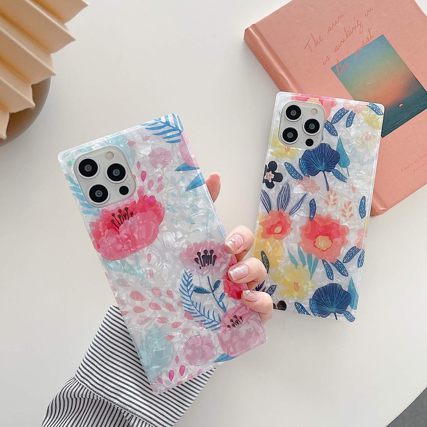 Vinilo o funda para iPhone Hoja de flores de patrón de concha de colores cuadrados